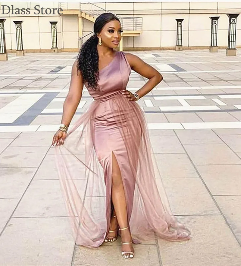 

Dusty Pink Prom Dresses Simple One Shoulder Tight Split Floor Length Sleeveless Elegant Evening Dresses